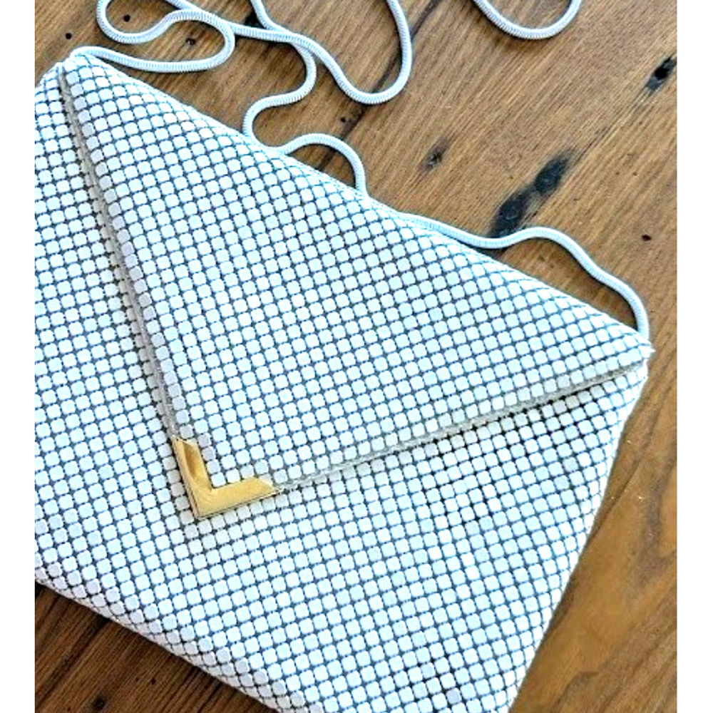 Retro Vintage Glo-mesh Style Clutch, White Chainmail, Gold Accents: 80s